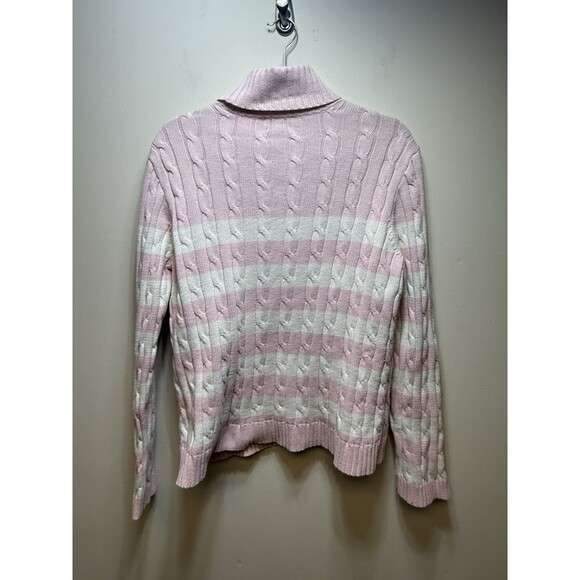 Vintage Cable Knit Sweater Preppy White With Pink Stripes 100% Cotton Turtleneck - Picture 3 of 5
